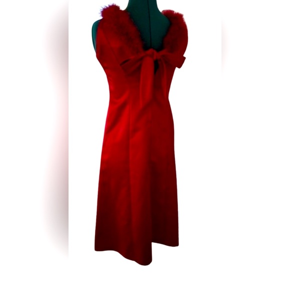 Vtg 1980s Rare Editions Red Formal Short Sleeve Dress W/ Red Feather Trim Sz 14 - Picture 2 of 6